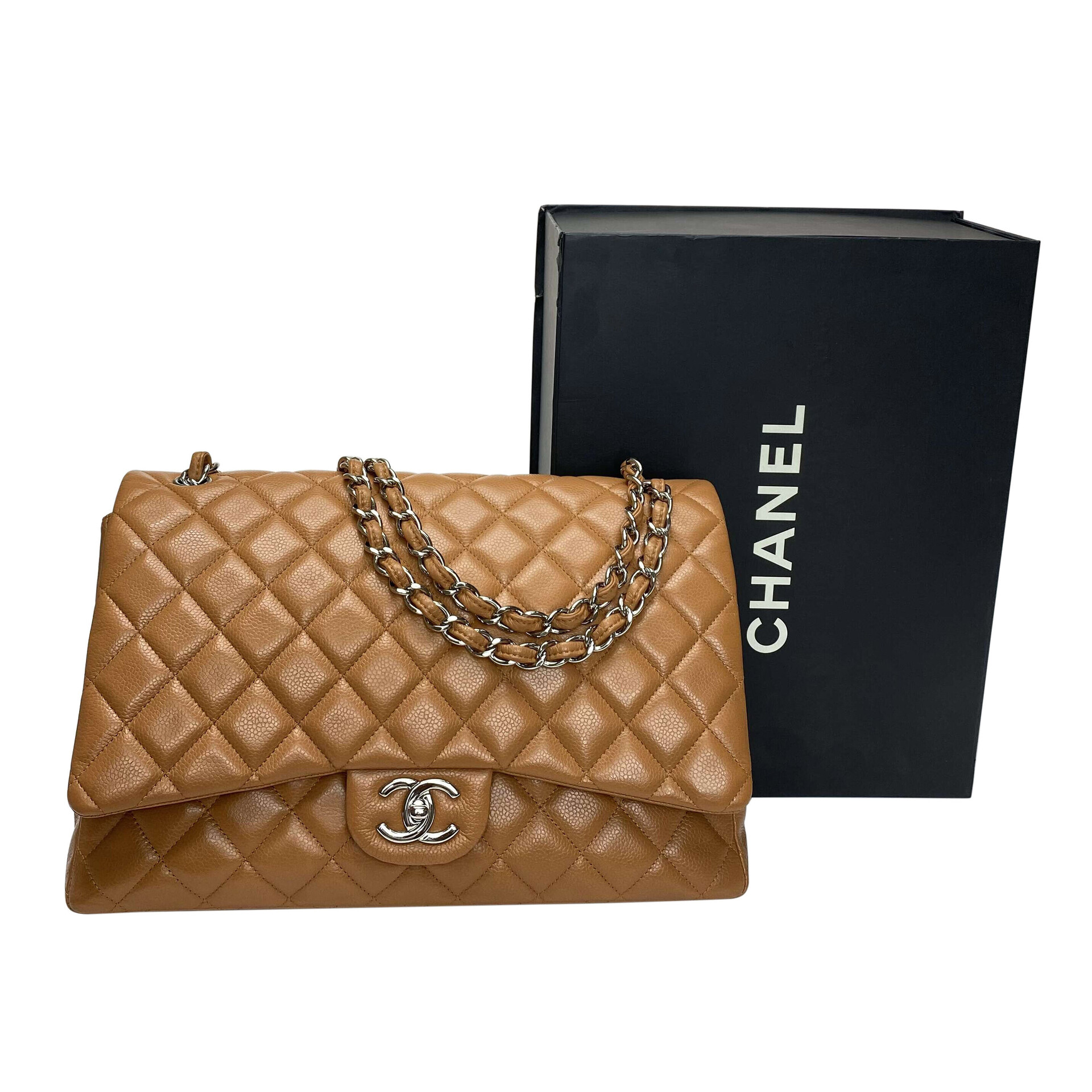 Bolsa Chanel Double Flap Maxi Couro Caramelo