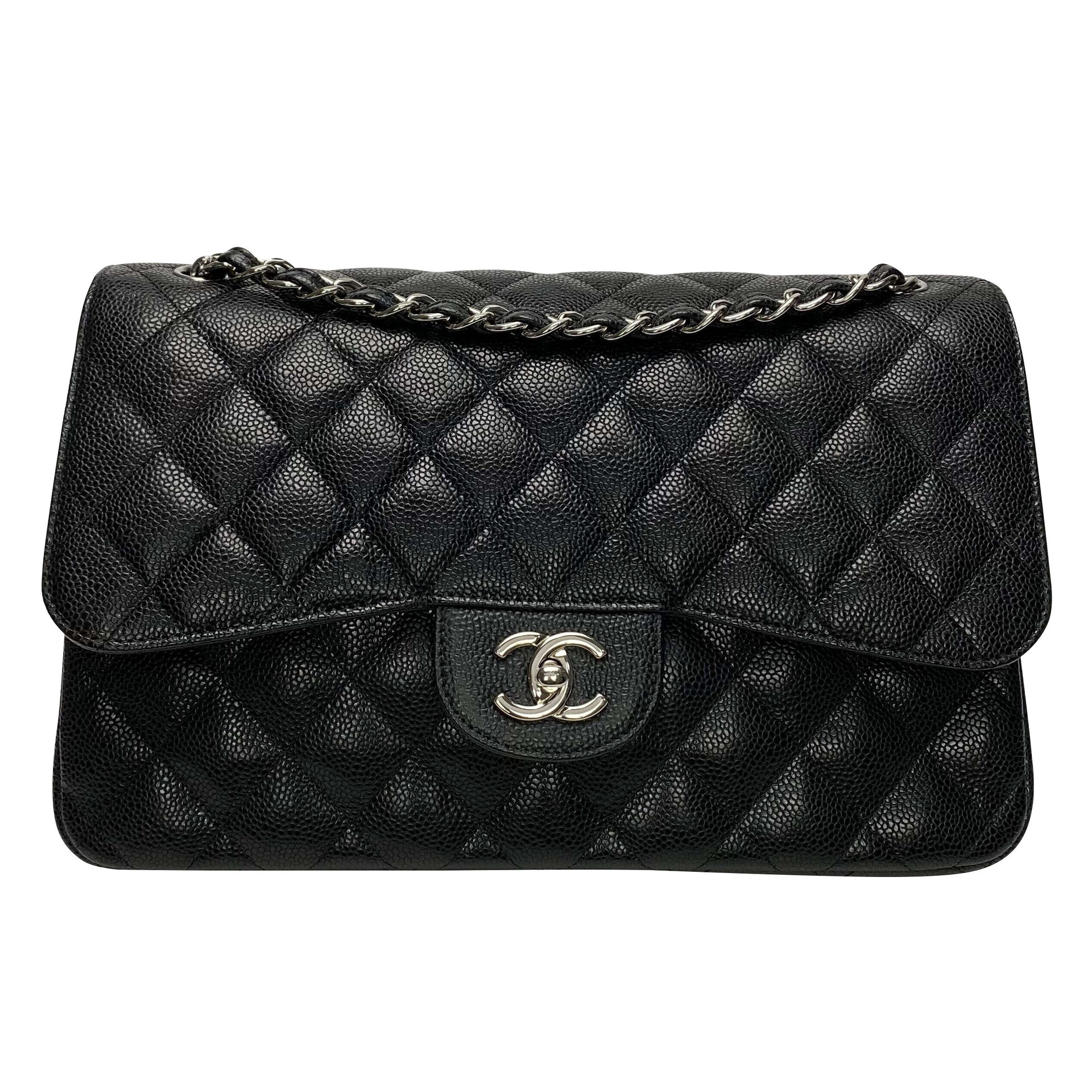 Bolsa Chanel Double Flap Jumbo Couro Caviar Preto