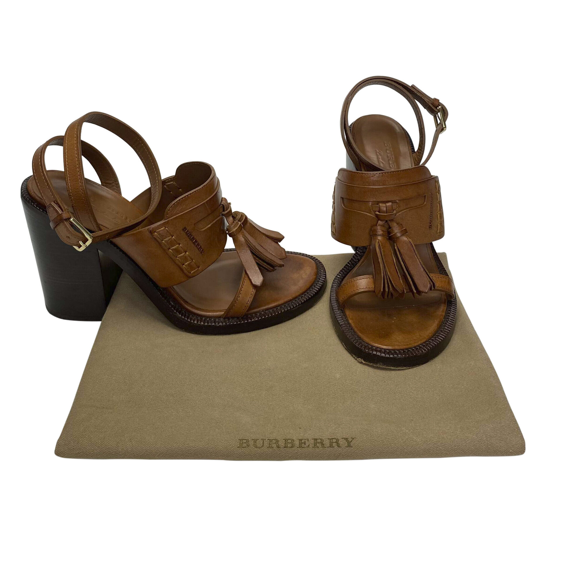 Sandália Burberry Salto Bloco Marrom