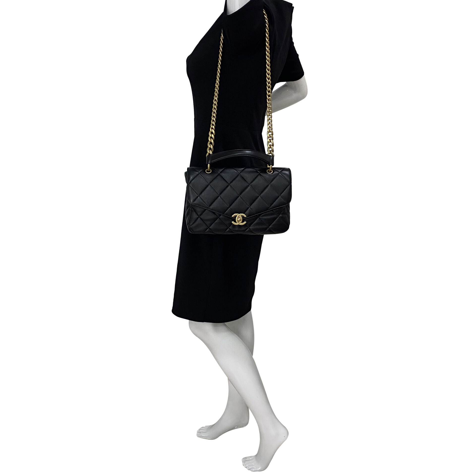 Bolsa Chanel Top Handle Flap Couro Preta