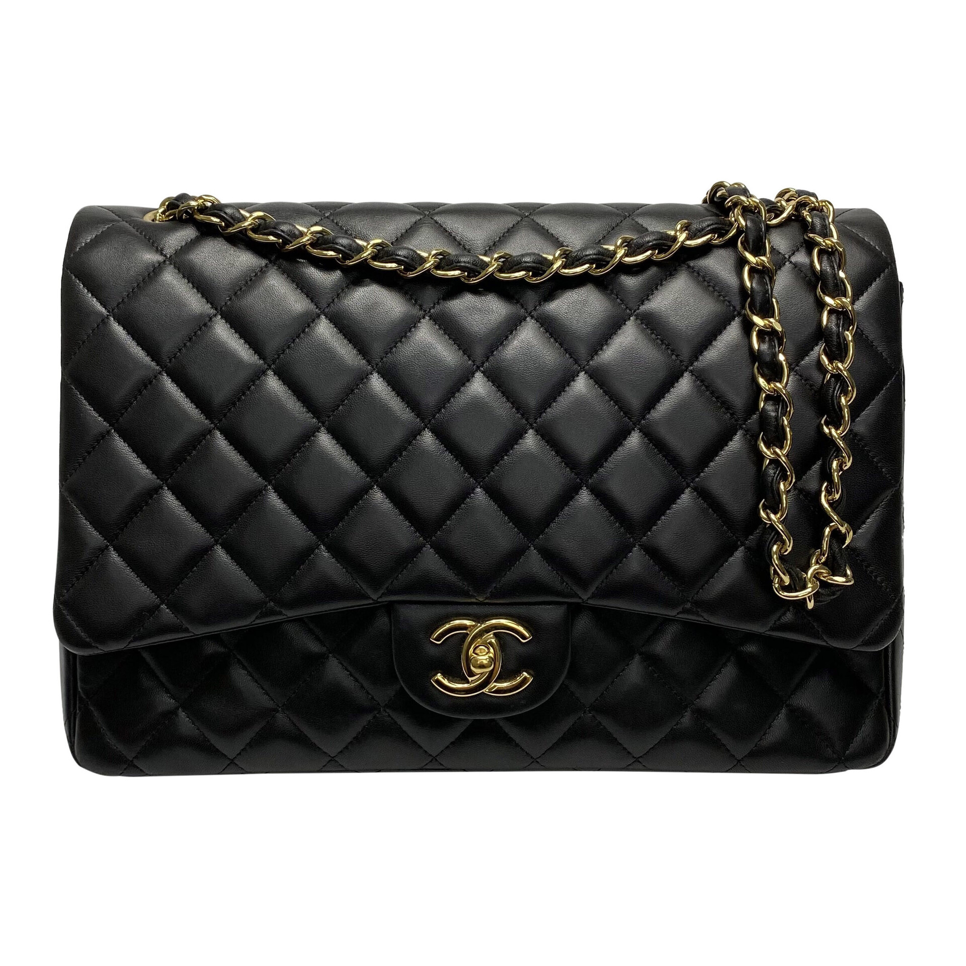 Bolsa Chanel Clássica Double Flap Maxi Couro Preta