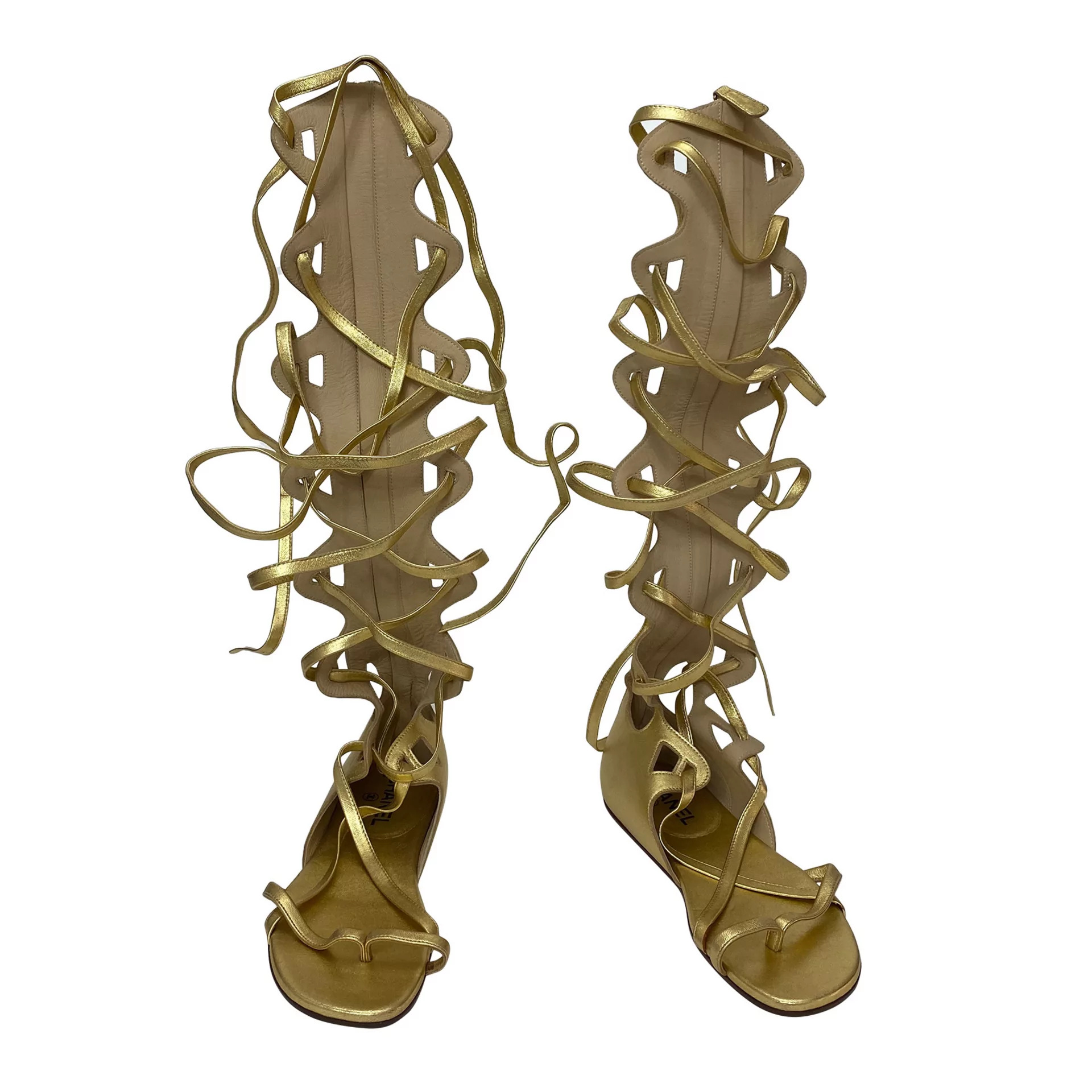 Sandália Gladiadora Chanel Couro Dourado